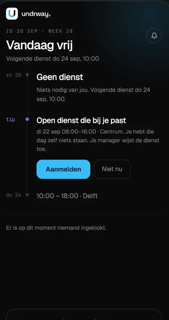 De Undrway-app op een telefoon: de dag van een medewerker als tijdlijn, met zijn eerstvolgende dienst.